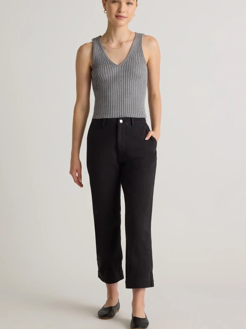 NWT Quince Organic Stretch Cotton Twill Straight Leg Cropped Pants Black 12